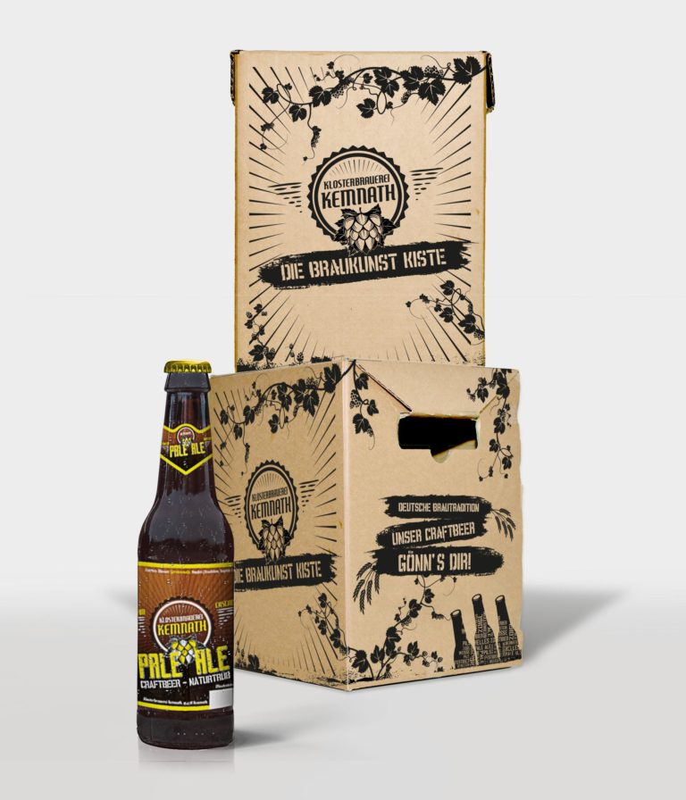 Gestaltung einer Bierkiste für den Postversand mit Etikett für Kemnath Klosterbrauerei